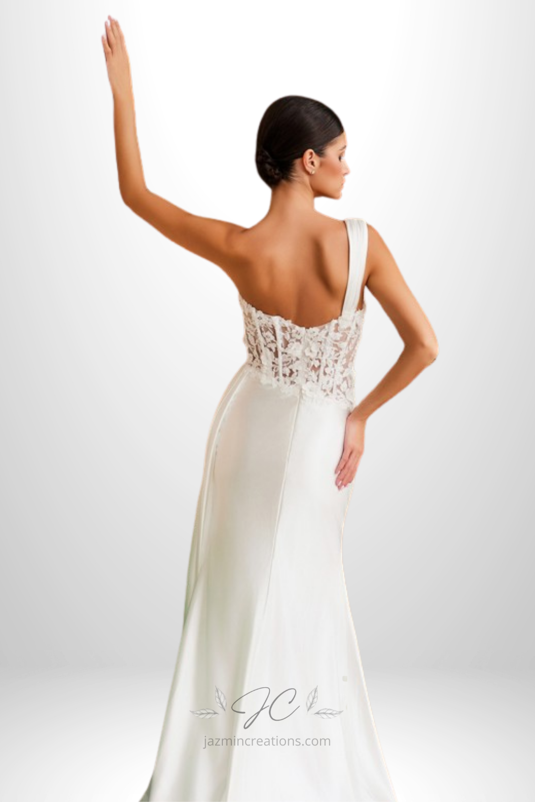 3D Floral Applique Illusion Design One Shoulder Wedding Gown
