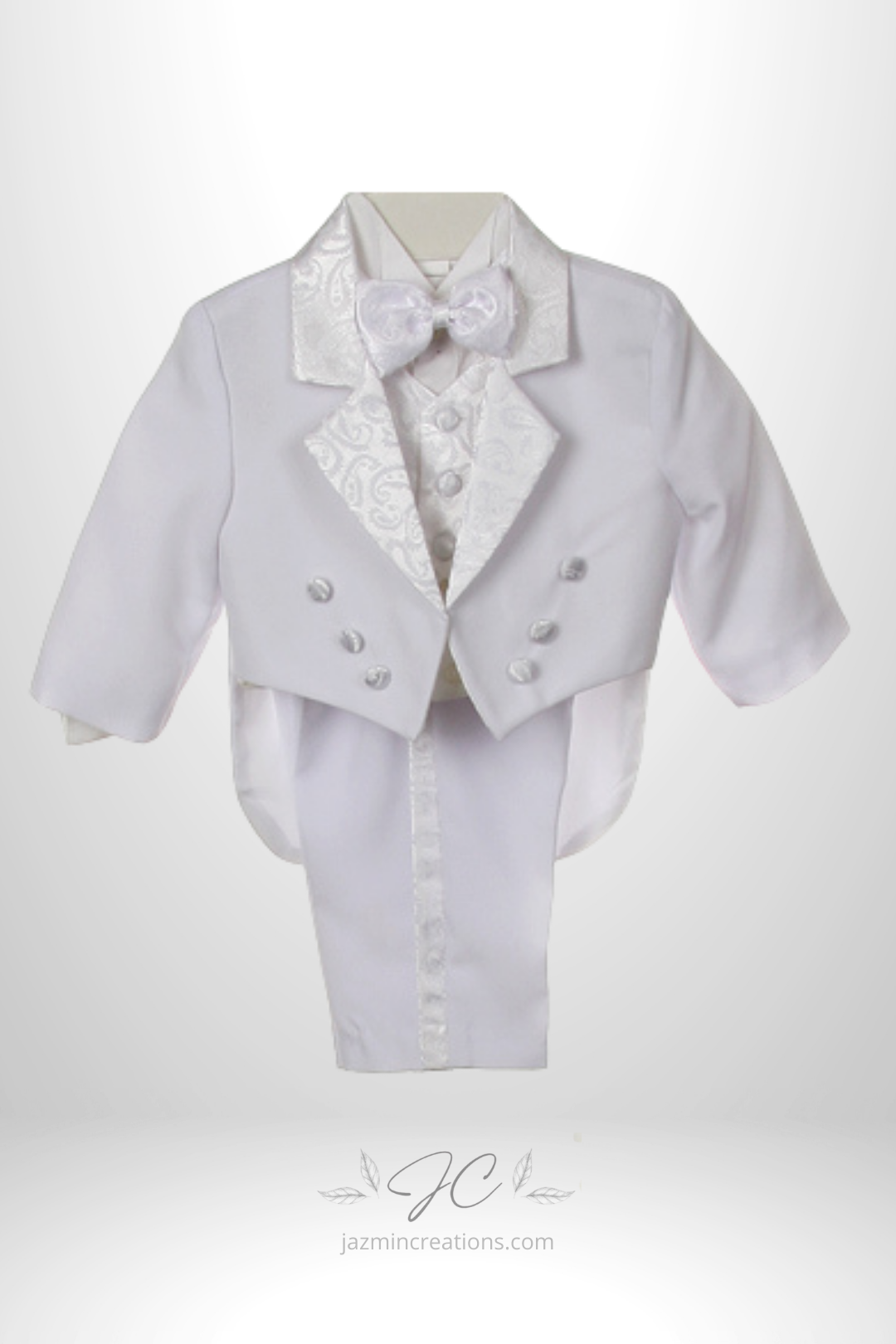 White Baby Boys Christening Tuxedo with Angel Embroidery