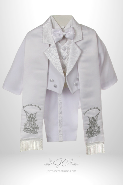 White Baby Boys Christening Tuxedo with Angel Embroidery