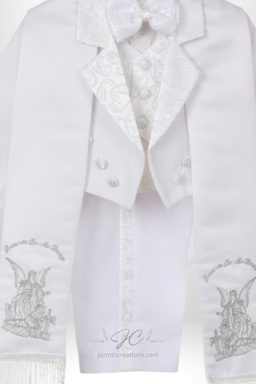 White Baby Boys Christening Tuxedo with Angel Embroidery