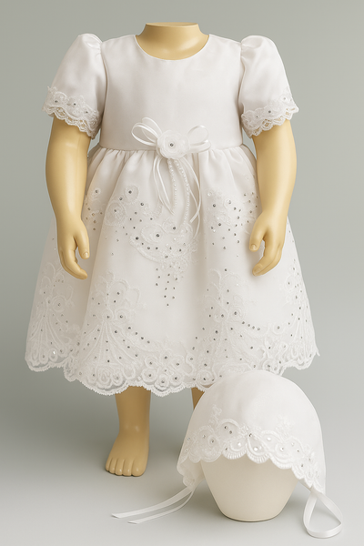 Baby Girl Christening Dress with Train and Bonnet