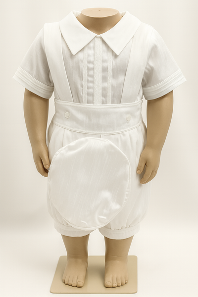 White Baptism Outfit with Shorts, Shirt, Stole & Hat