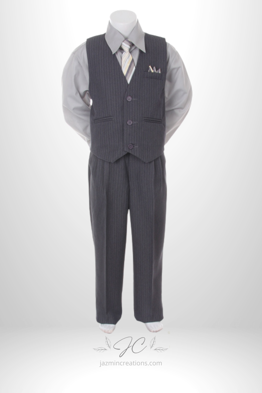 Boys Four-Piece Pinstripe Suit with Shirt, Vest, and Tie