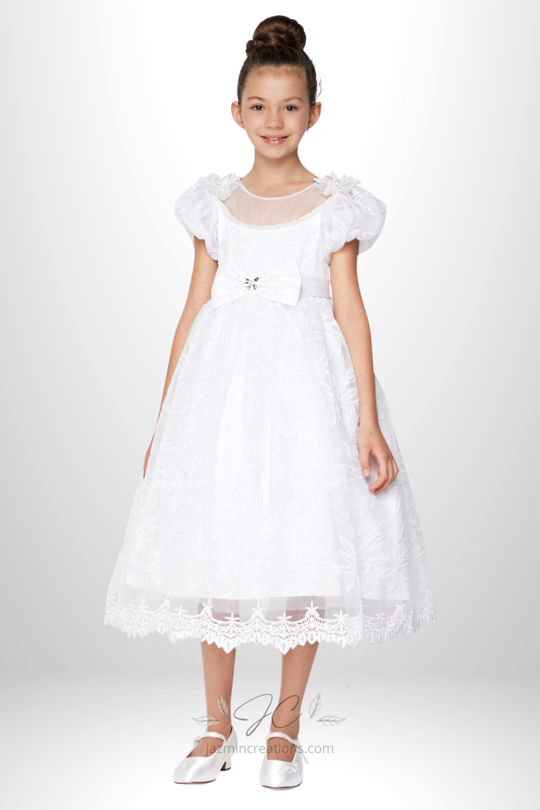 White Communion Dress with Puff Sleeves and 3D Floral Lace