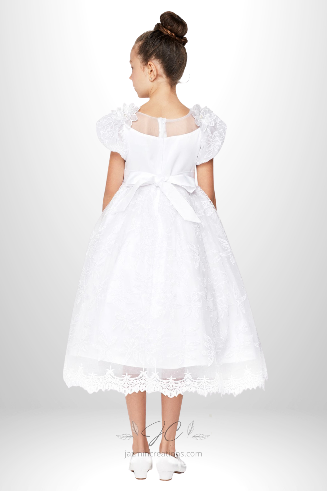 White Communion Dress with Puff Sleeves and 3D Floral Lace