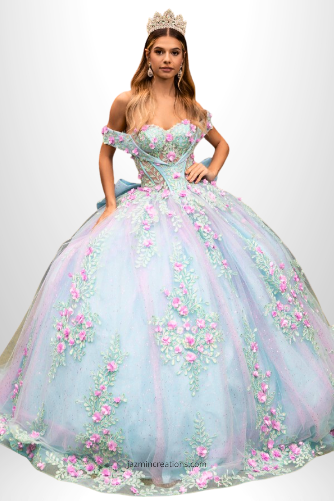 Quinceañera Ball Gown with 3D Floral Details & Removable Bow