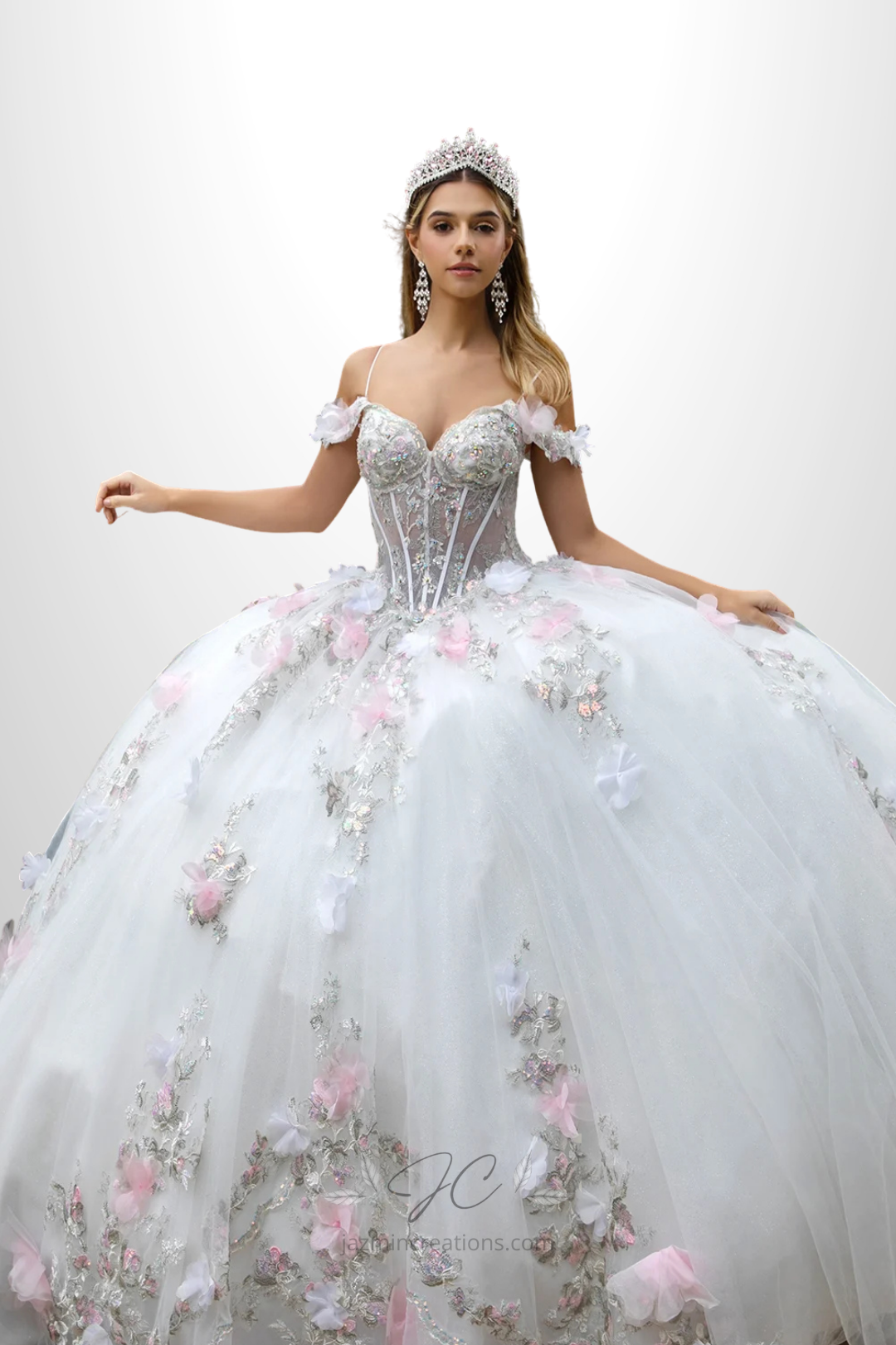 Off Shoulder 3D Floral Quince Ball Gown in Off White