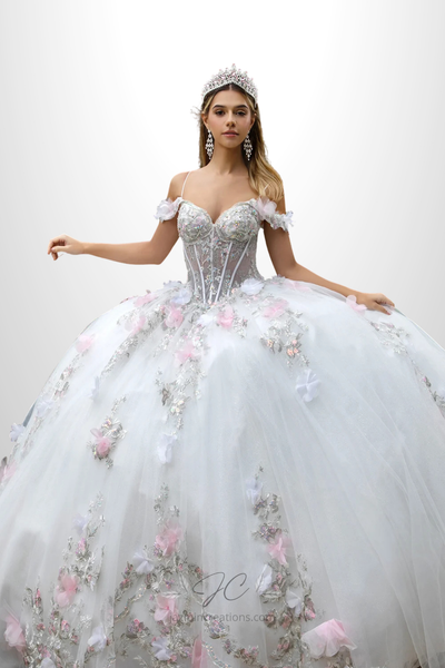 Off Shoulder 3D Floral Quince Ball Gown in Off White