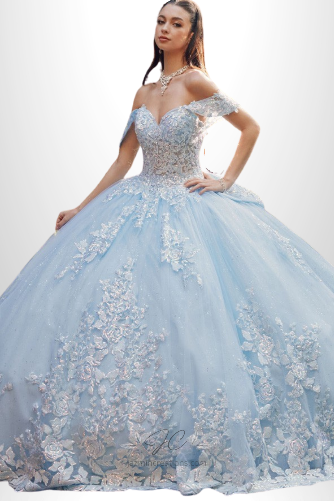 Off Shoulder Embroidered Lace Quinceañera Ball Gown with Bow and Cathedral Train