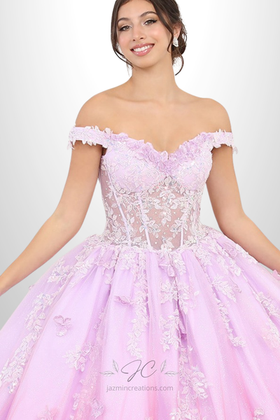 Lilac Ombre Quinceanera Ball Gown with 3D Floral and Butterfly Embroidery