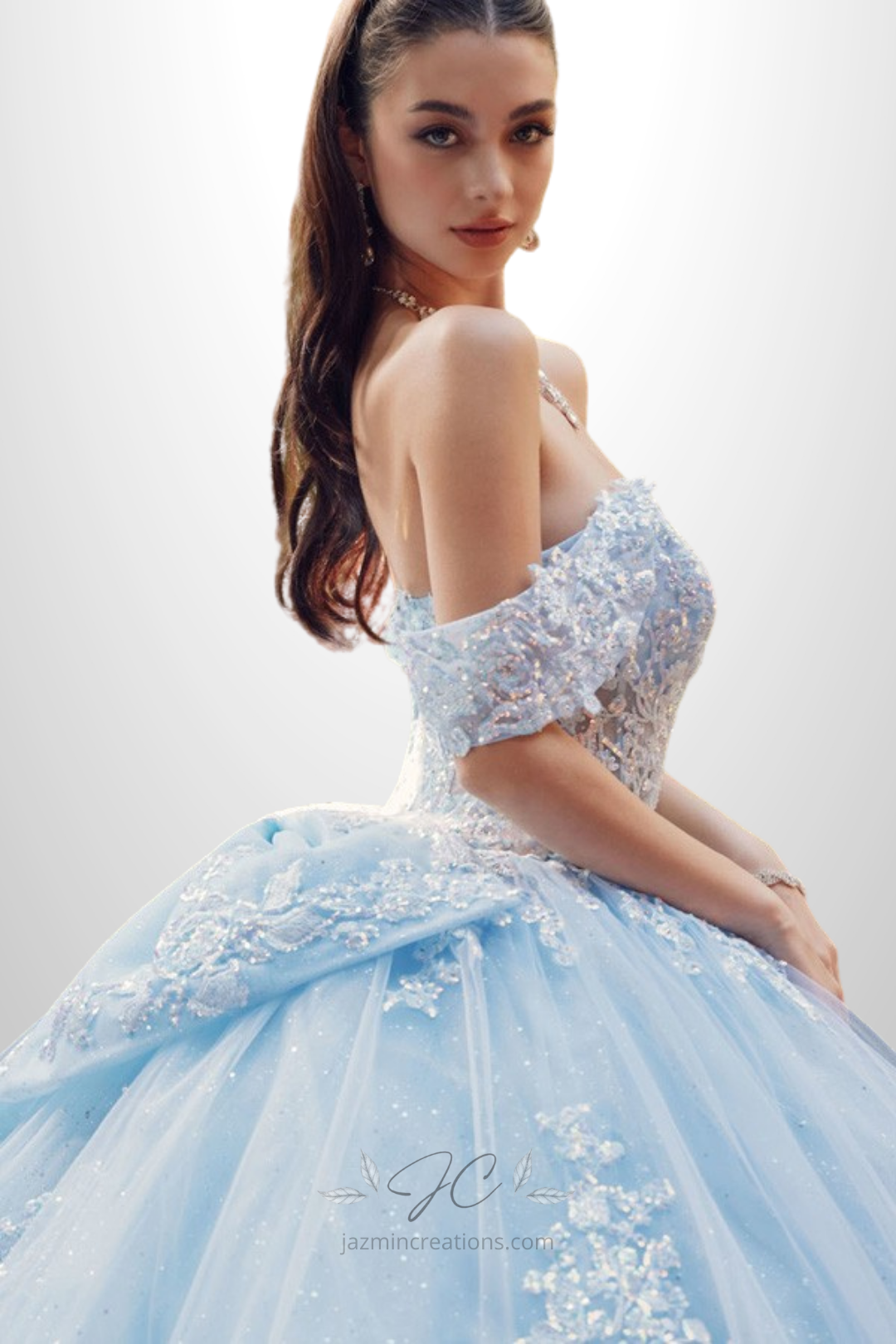 Off Shoulder Embroidered Lace Quinceañera Ball Gown with Bow and Cathedral Train