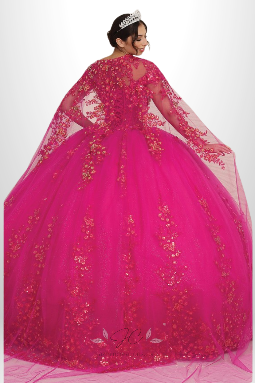 Sequin Butterfly Quinceanera Ball Gown with Mesh Cape