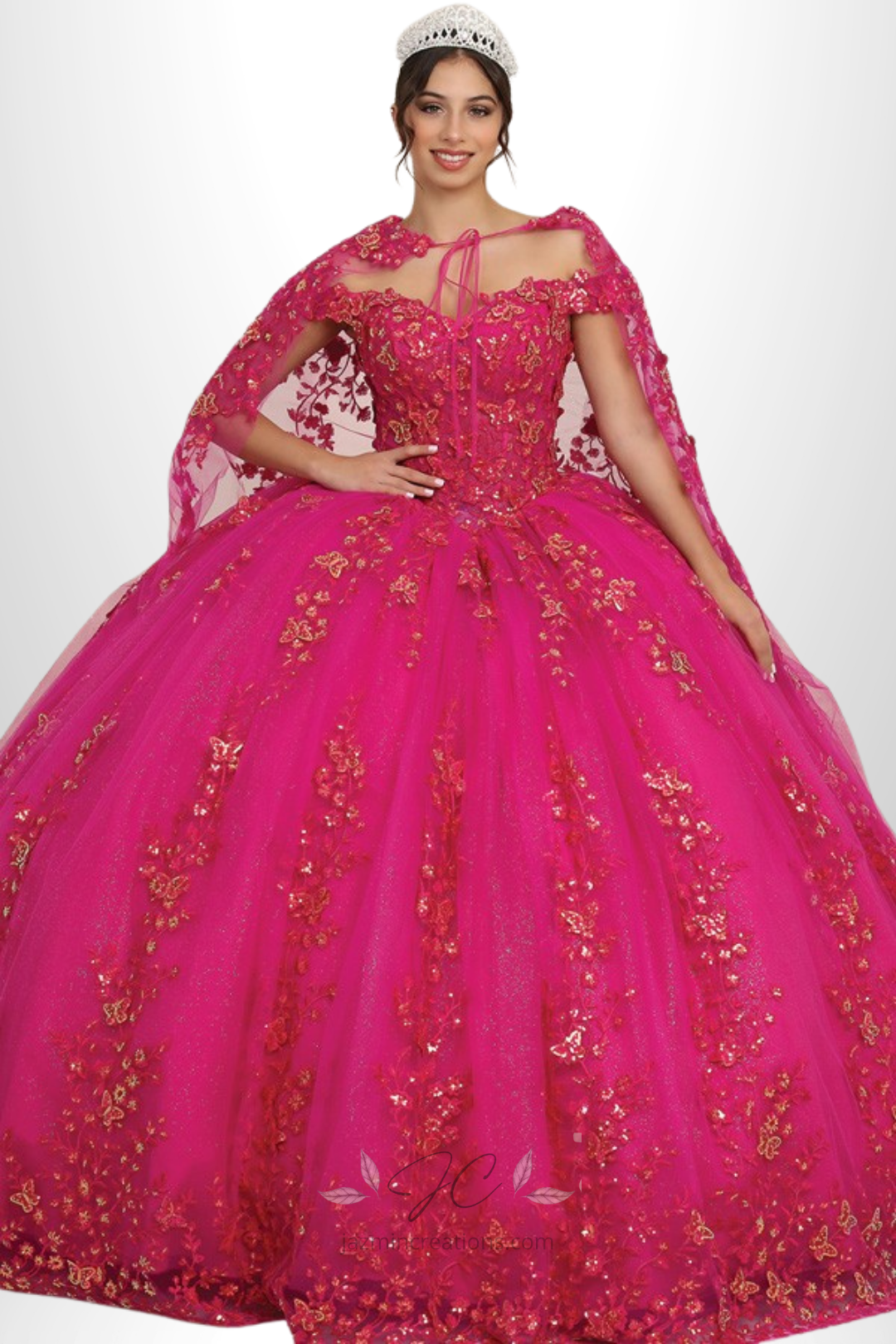 Sequin Butterfly Quinceanera Ball Gown with Mesh Cape