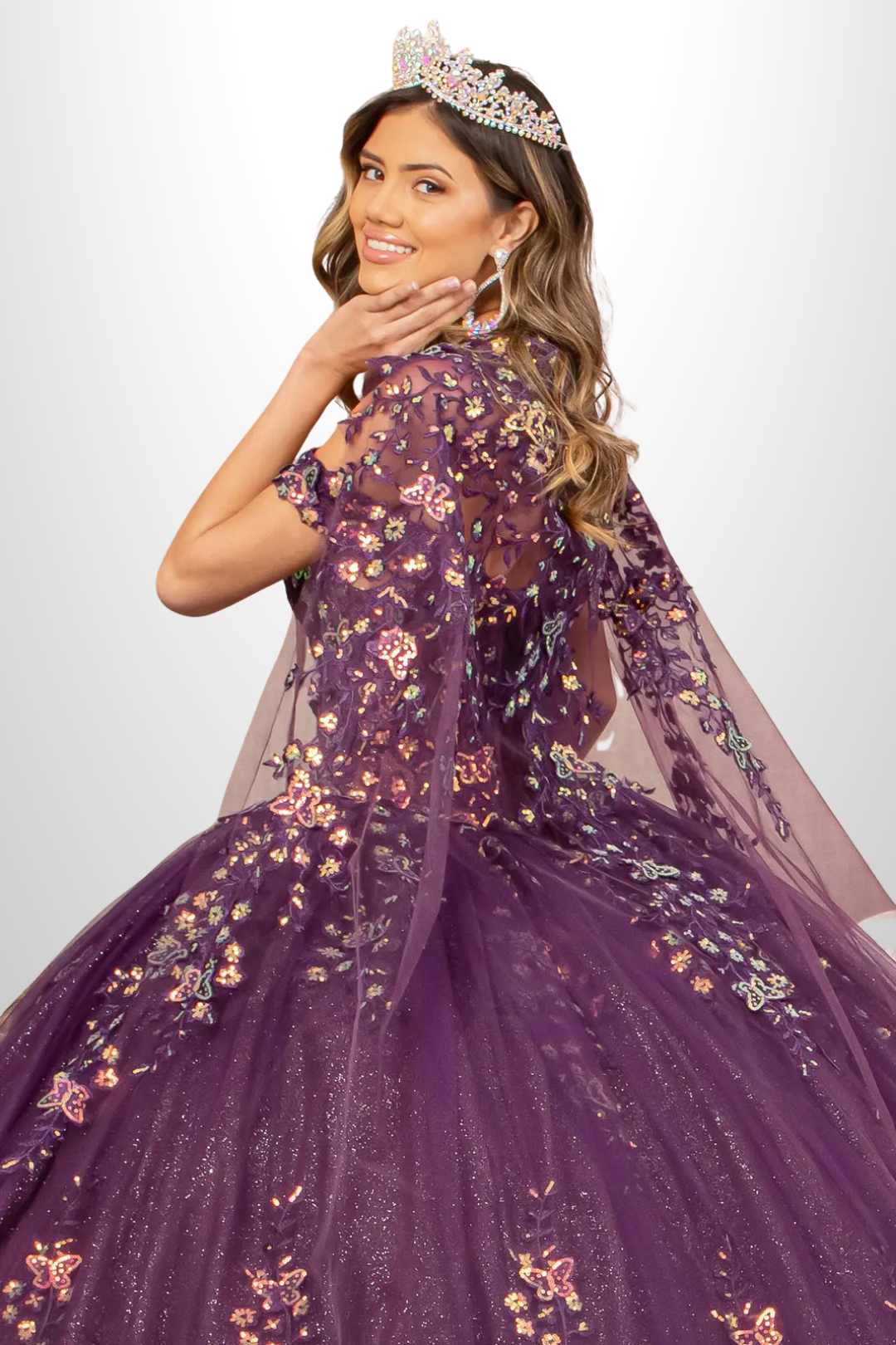 Sequin Butterfly Quinceanera Ball Gown with Mesh Cape