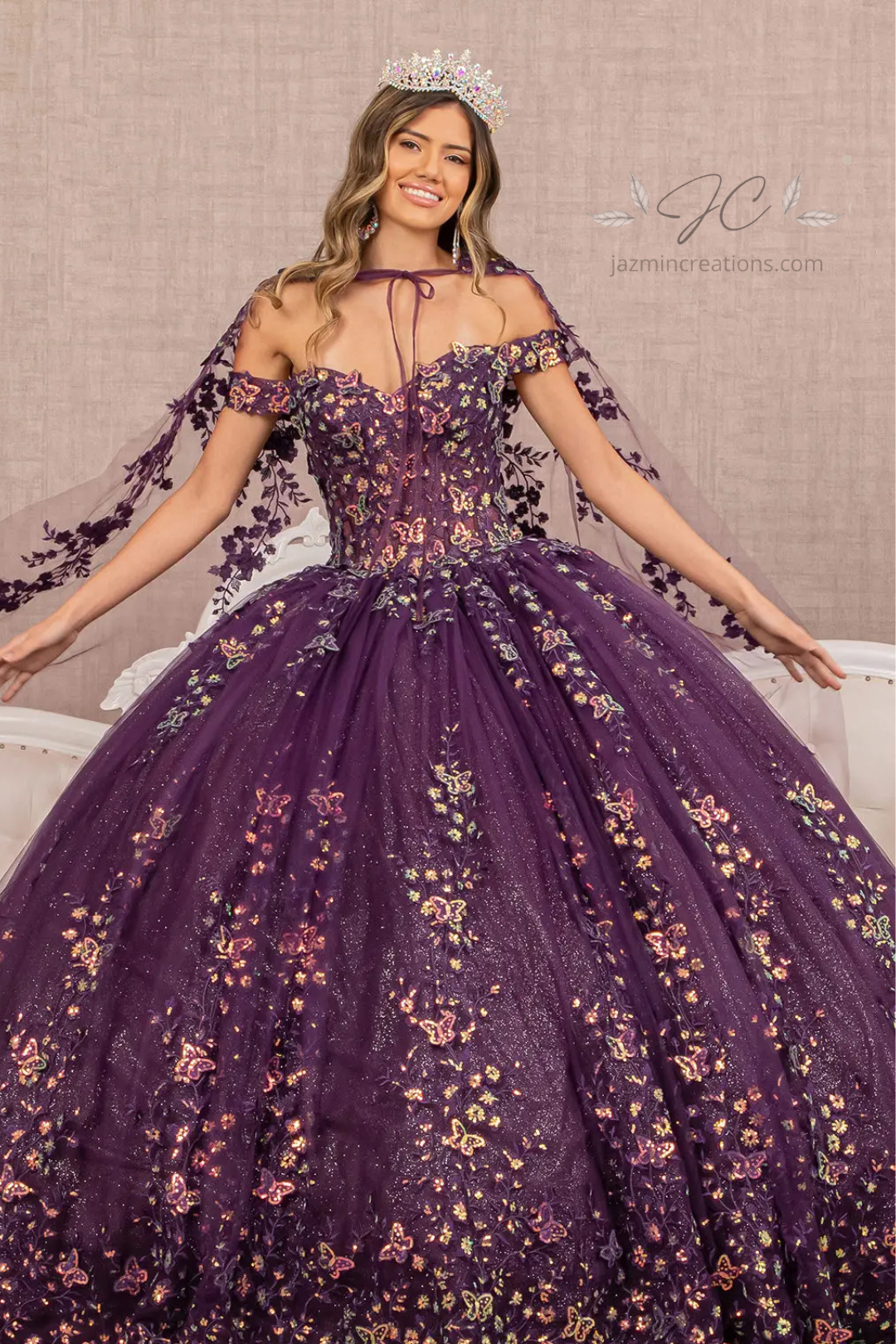 Sequin Butterfly Quinceanera Ball Gown with Mesh Cape