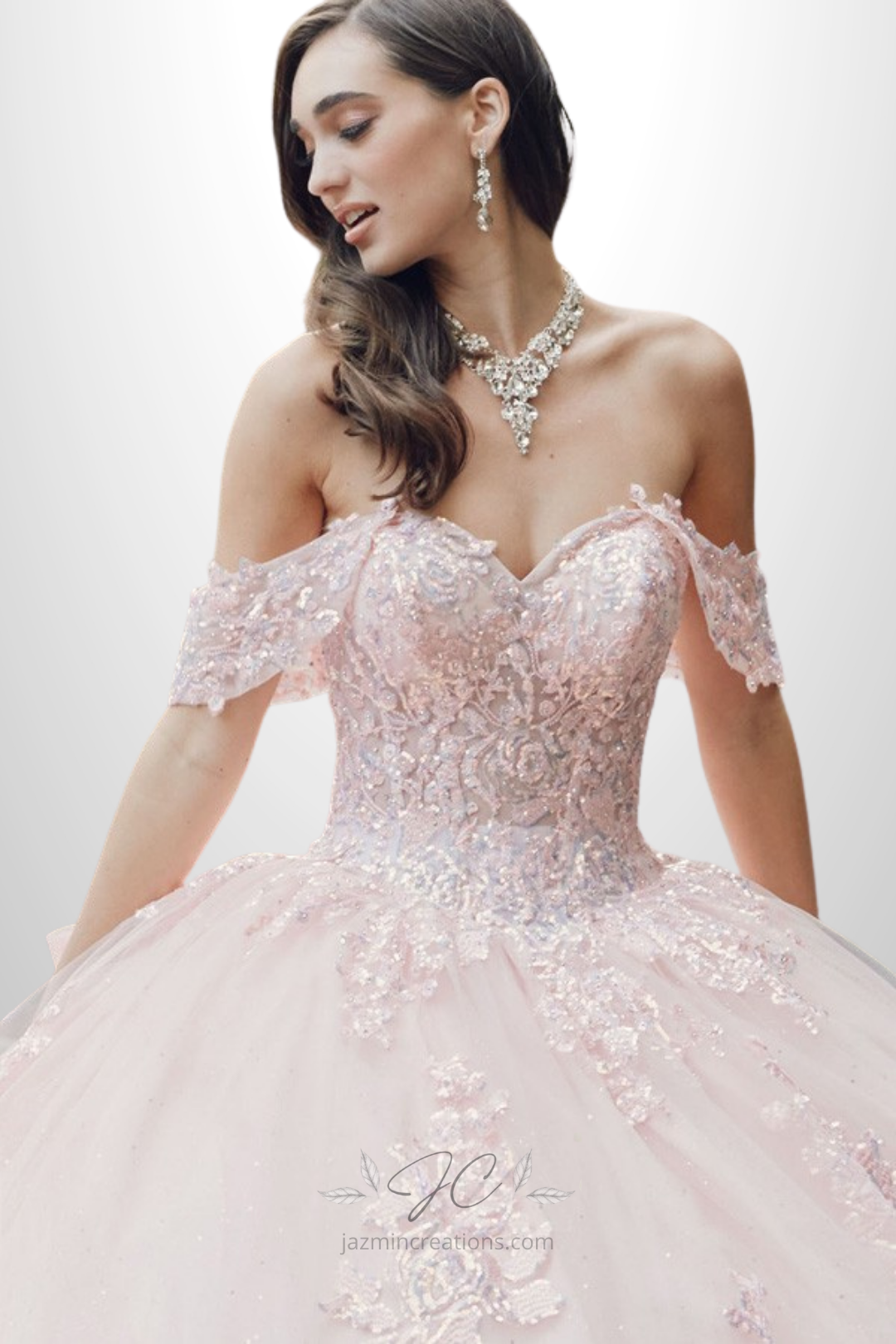 Off Shoulder Embroidered Lace Quinceañera Ball Gown with Bow and Cathedral Train