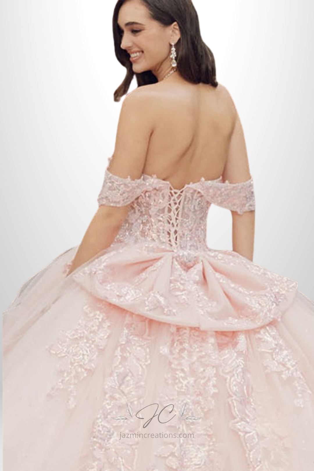 Off Shoulder Embroidered Lace Quinceañera Ball Gown with Bow and Cathedral Train