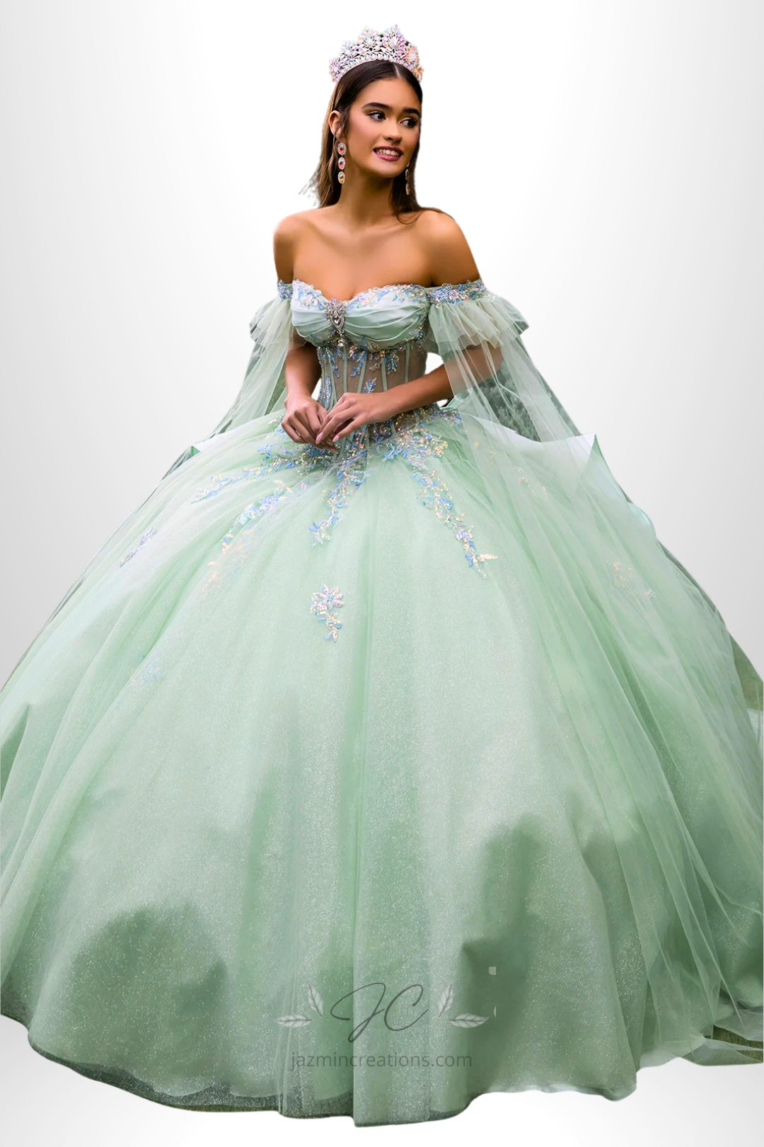 Sage Green Off-Shoulder Quinceañera Gown with Bow Back