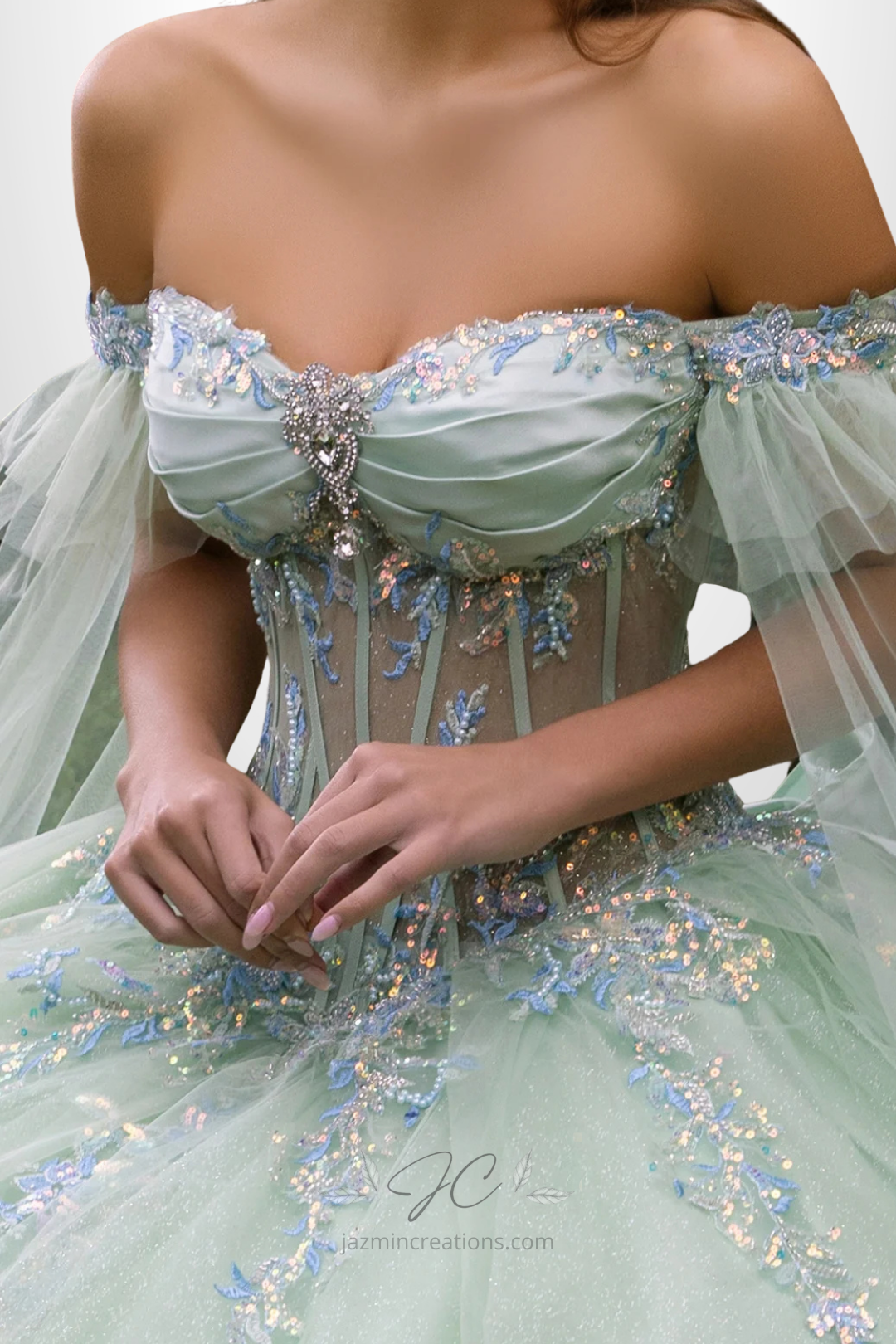 Sage Green Off-Shoulder Quinceañera Gown with Bow Back