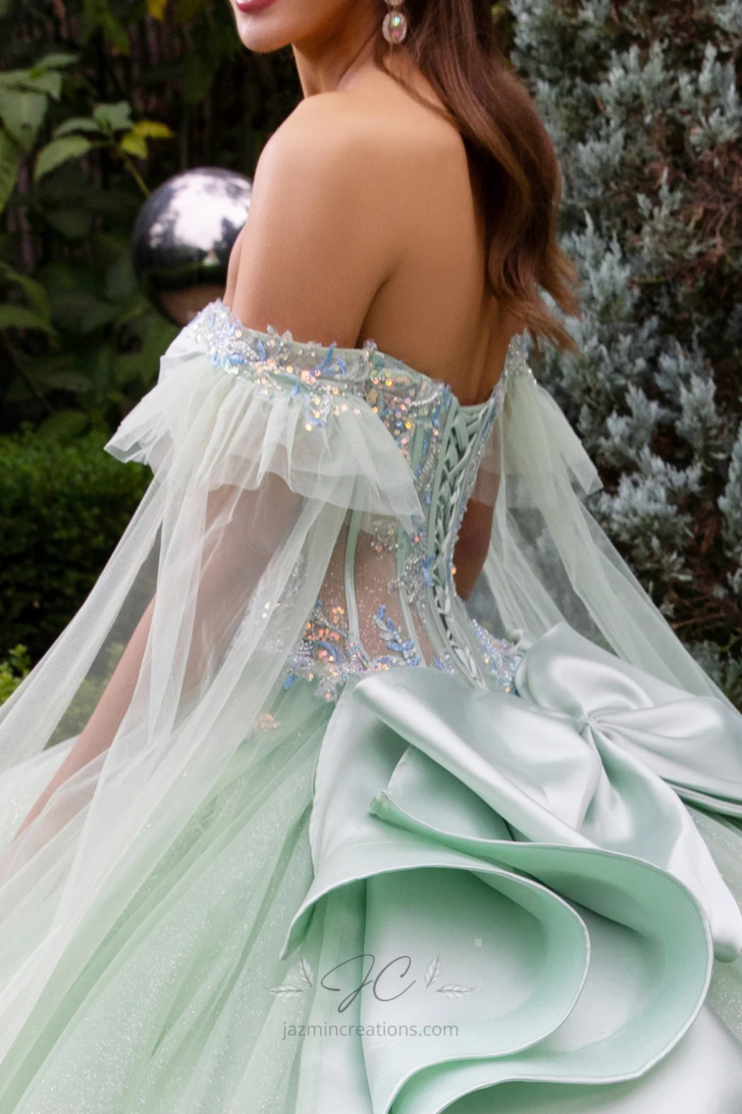 Sage Green Off-Shoulder Quinceañera Gown with Bow Back