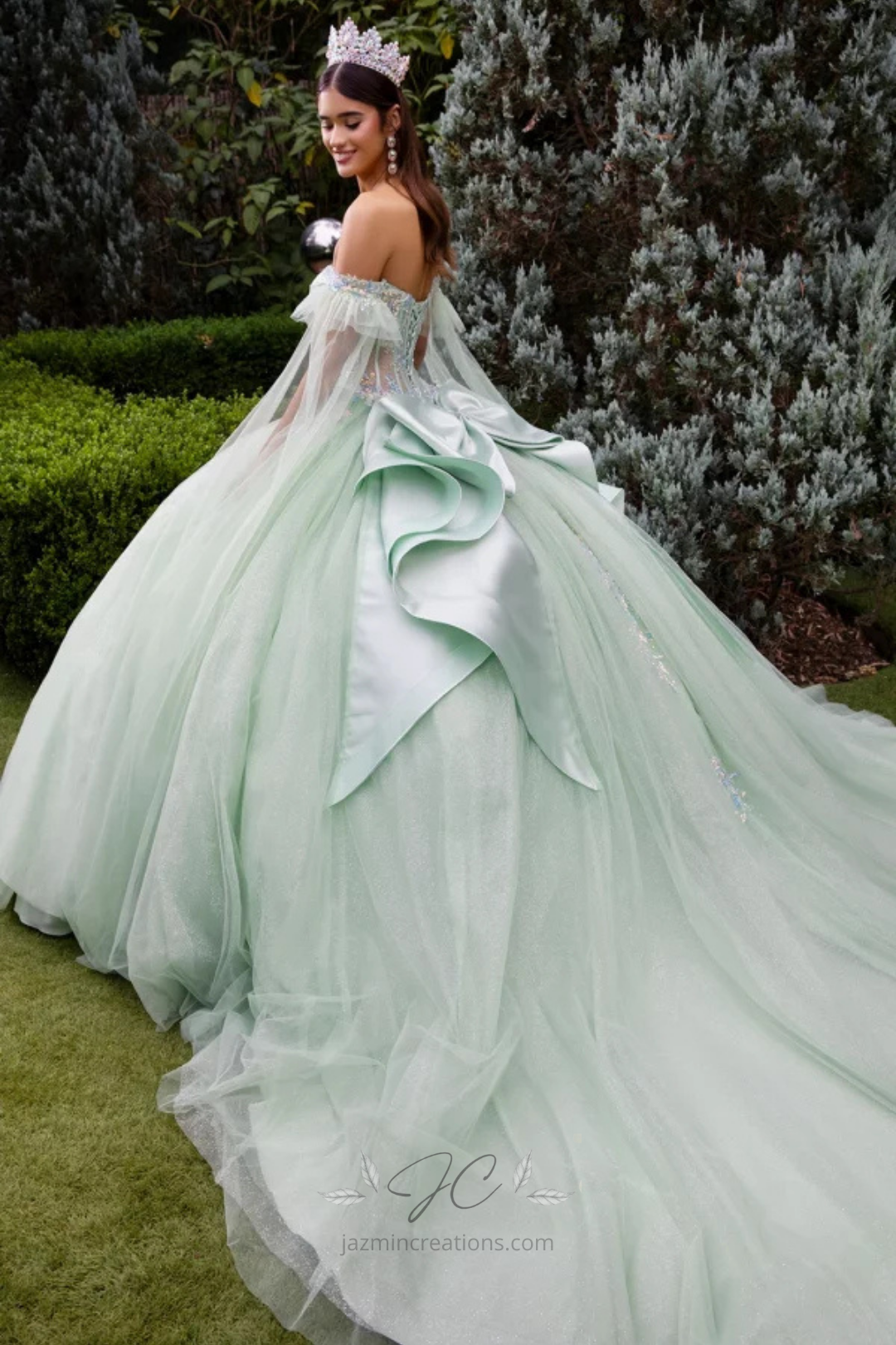 Sage Green Off-Shoulder Quinceañera Gown with Bow Back