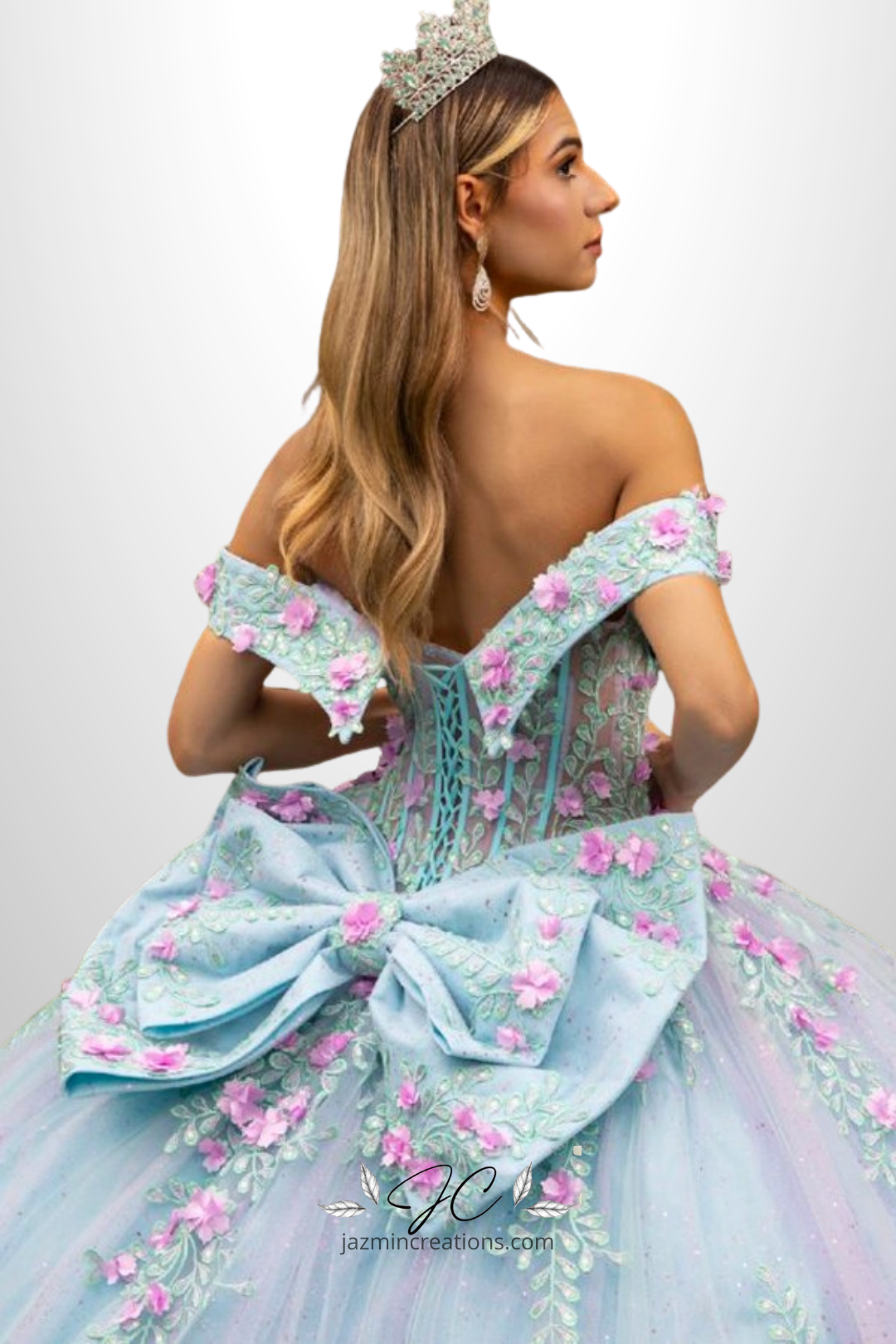 Quinceañera Ball Gown with 3D Floral Details & Removable Bow