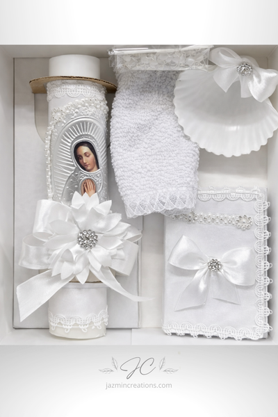 Small Baptism Candle Set – White Mary or White Cross